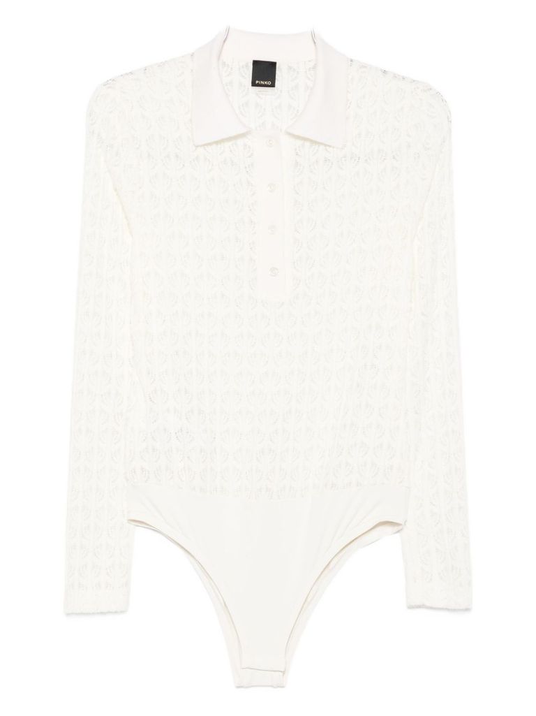 Pinko Intricate Lace Panel Bodysuit With Polo Collar In White