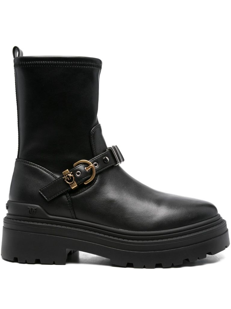 Pinko Rounded Toe Black Leather Ankle Boots With Front Strap In Black