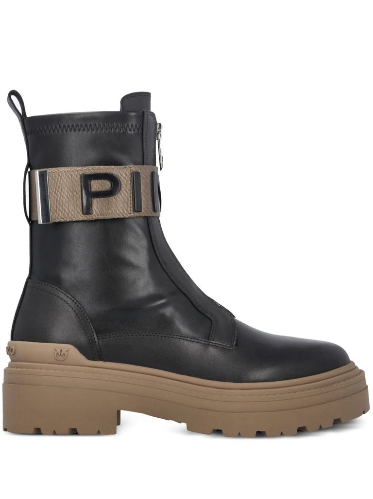 Pinko Stretch Leather Biker Lace-up With Gold Buckle In Black