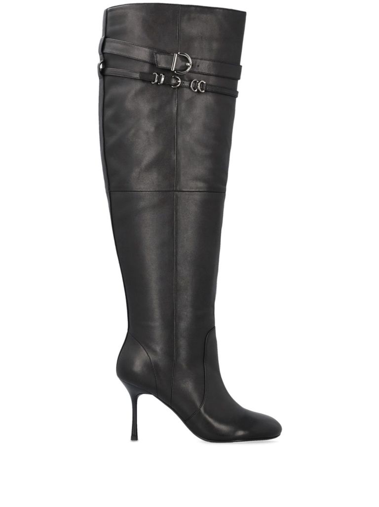 Pinko Pointed Toe Knee-high Boots With Decorative Straps In Black