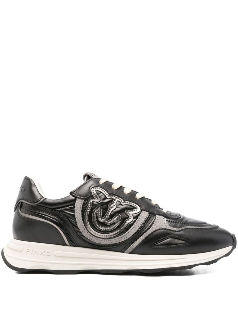 Pinko Low-profile Black Leather Sneakers With Textured Panels In Black