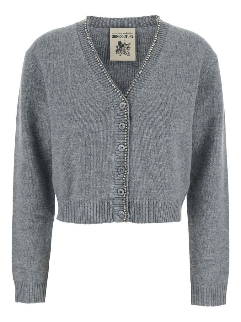 Semicouture Cropped Cashmere Blend Cardigan With Embellished Placket In Blue