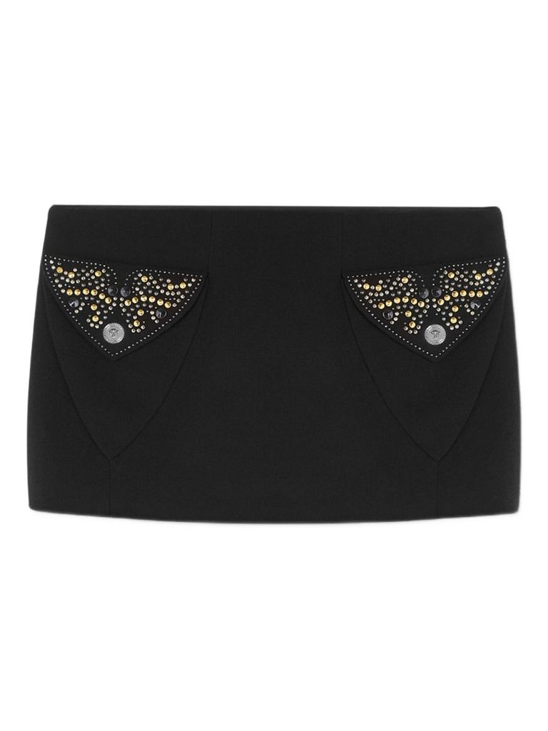 Versace Chic Fitted Mini Skirt With Embellished Pockets In Black