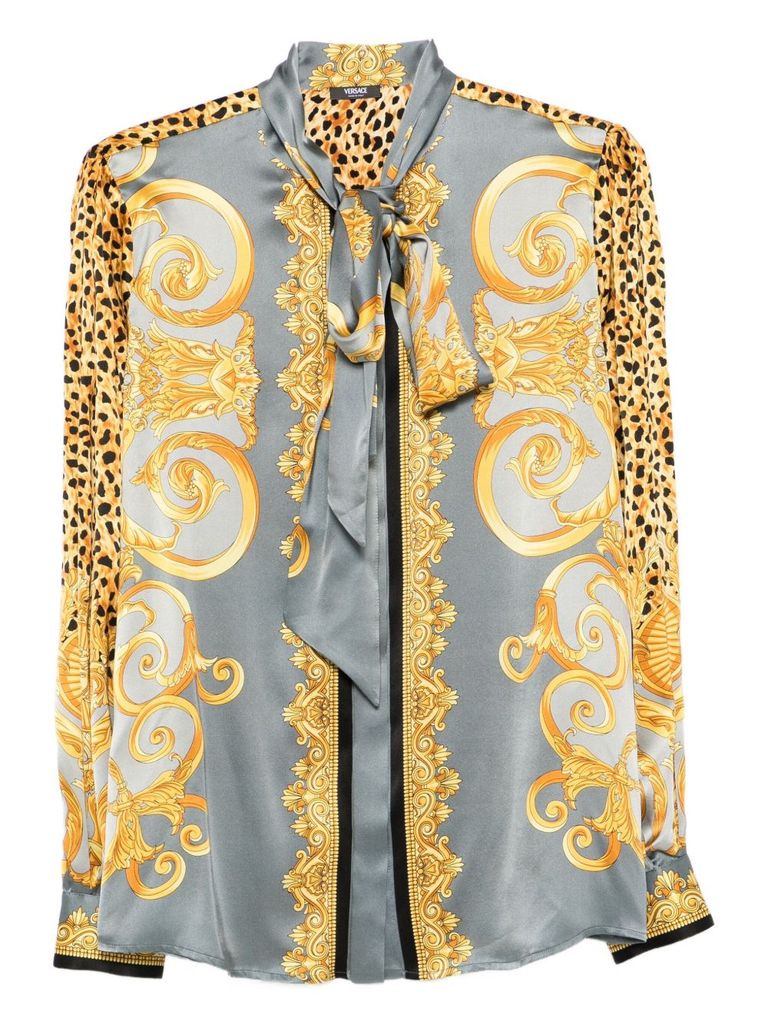 Versace Silk Shirt With Baroque Print In Gray