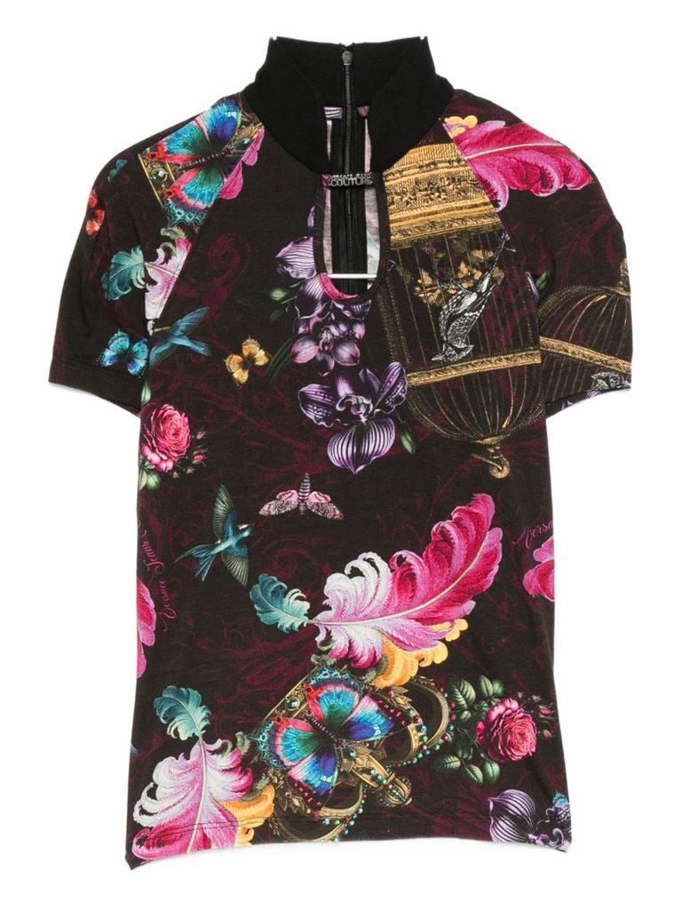 Versace Jeans Couture High-neck Top With Floral Print And Logo In Multi