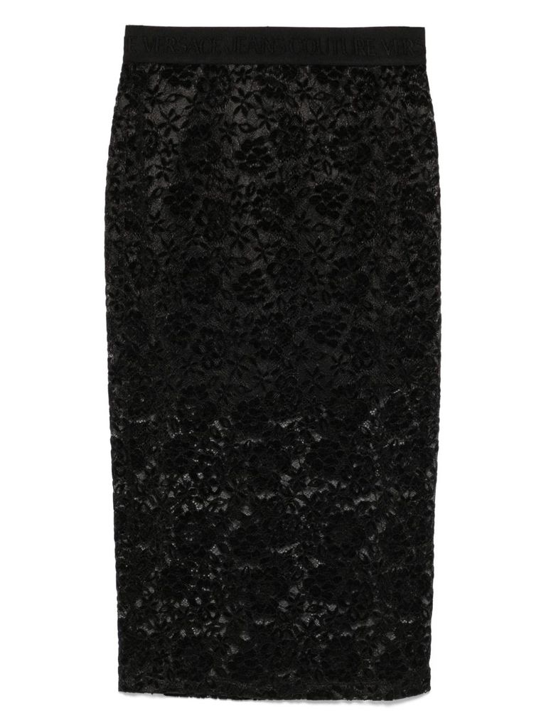 Versace Jeans Couture Textured Black Midi Skirt With Embossed Waistband In Black