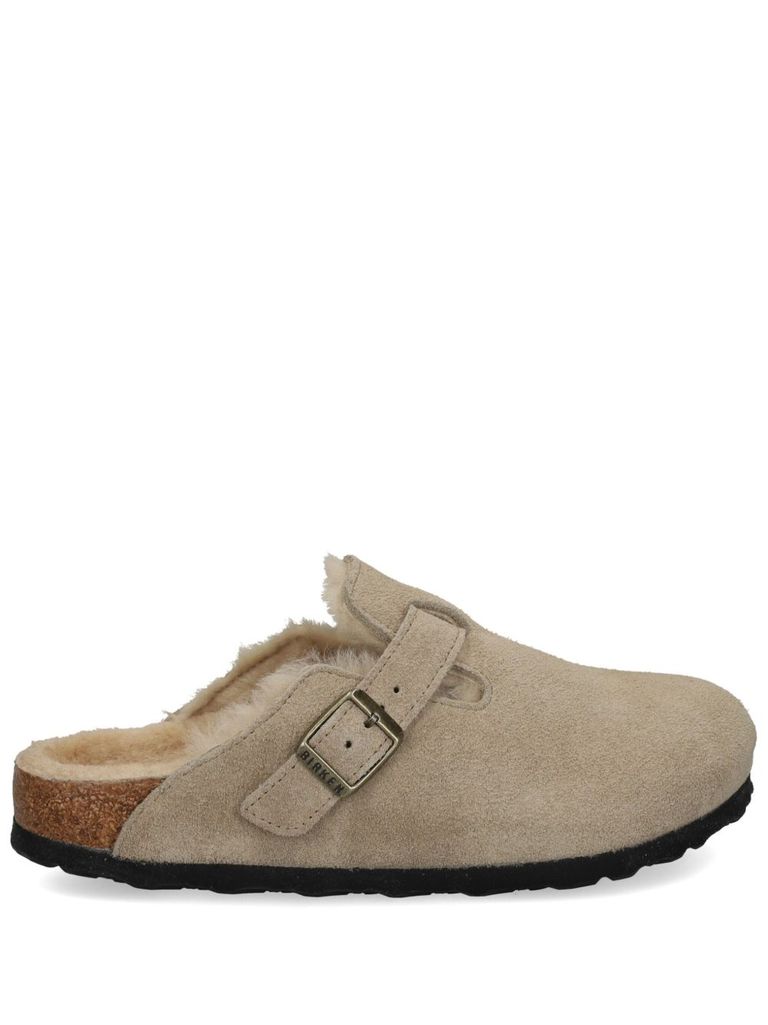 Birkenstock Boston Shearling Suede Mule In Brown
