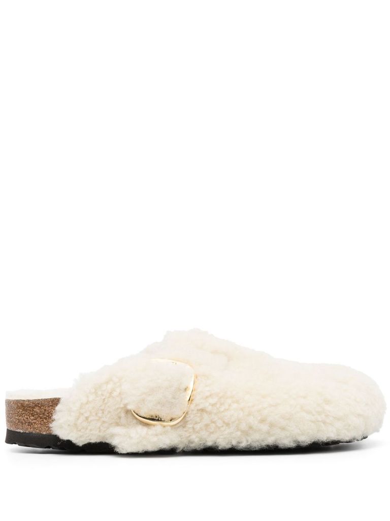 Birkenstock Teddy Lambskin Slippers Big Buckle In White