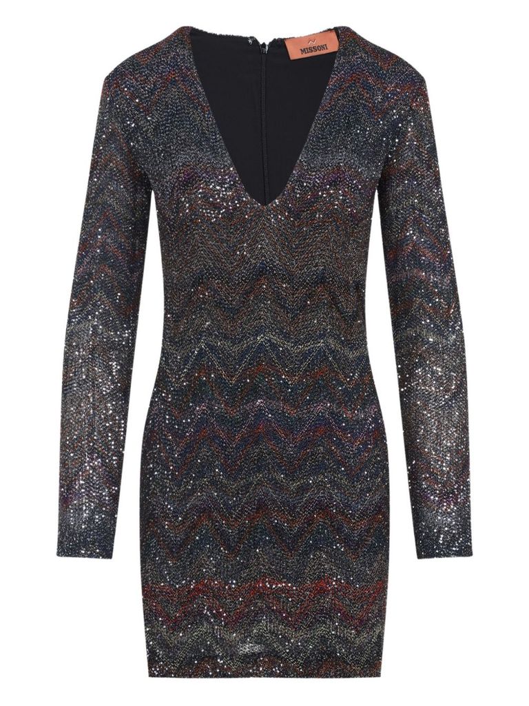 Missoni Multicolour Dress With Deep Neckline And All-over Sequins In Viscose Woman In Black