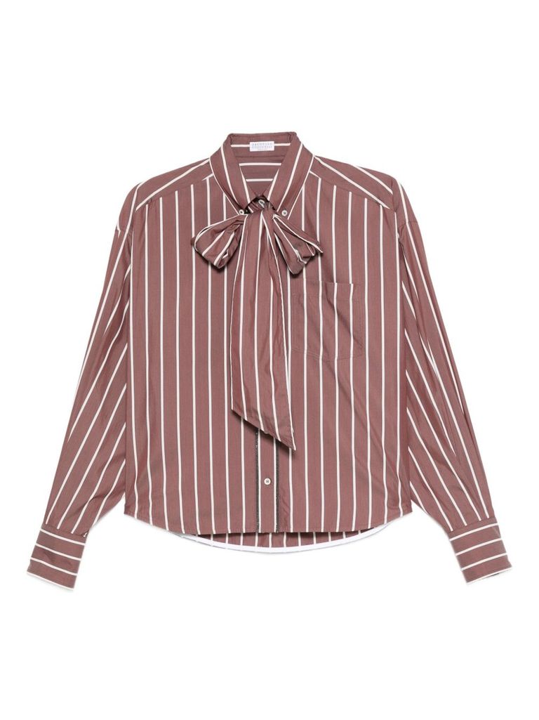 Brunello Cucinelli Striped Long Sleeve Top With Bow Detail In Brown