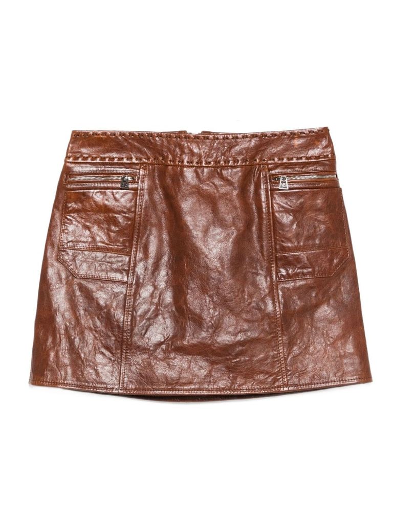 Ermanno Scervino Leather Miniskirt With Zip Pockets In Brown