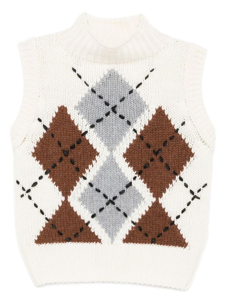 Ermanno Scervino Pure Cashmere Top With Two-tone Argyle Motif In White