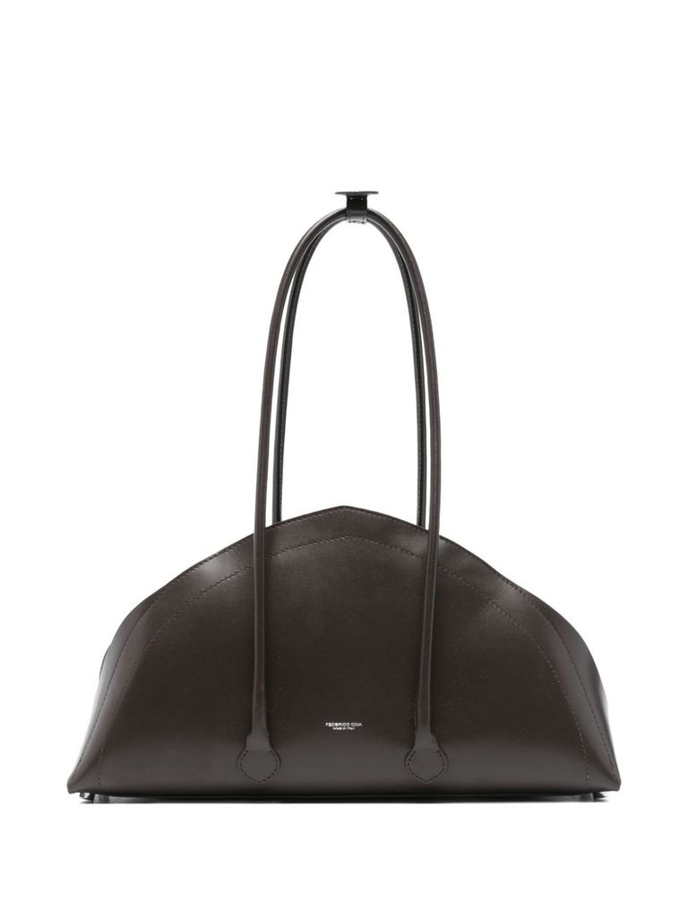 Federico Cina Curved Brown Leather Handbag With Elongated Handles In Brown