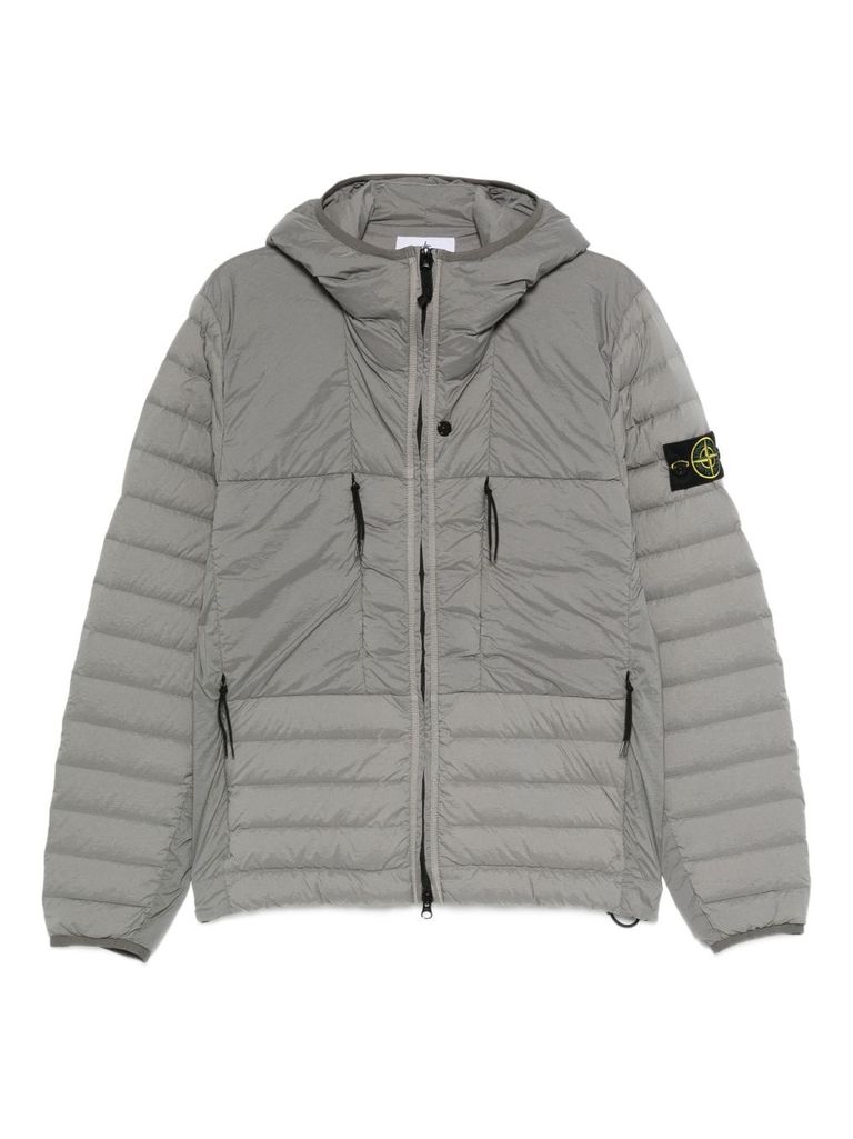 Stone Island Short Down Jacket With Logo Patch In Gray