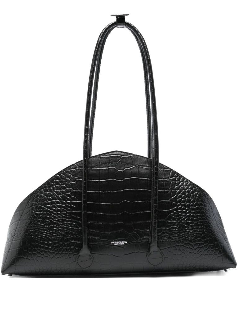 Federico Cina Tortellino Crocodile-embossed Shoulder Bag In Black