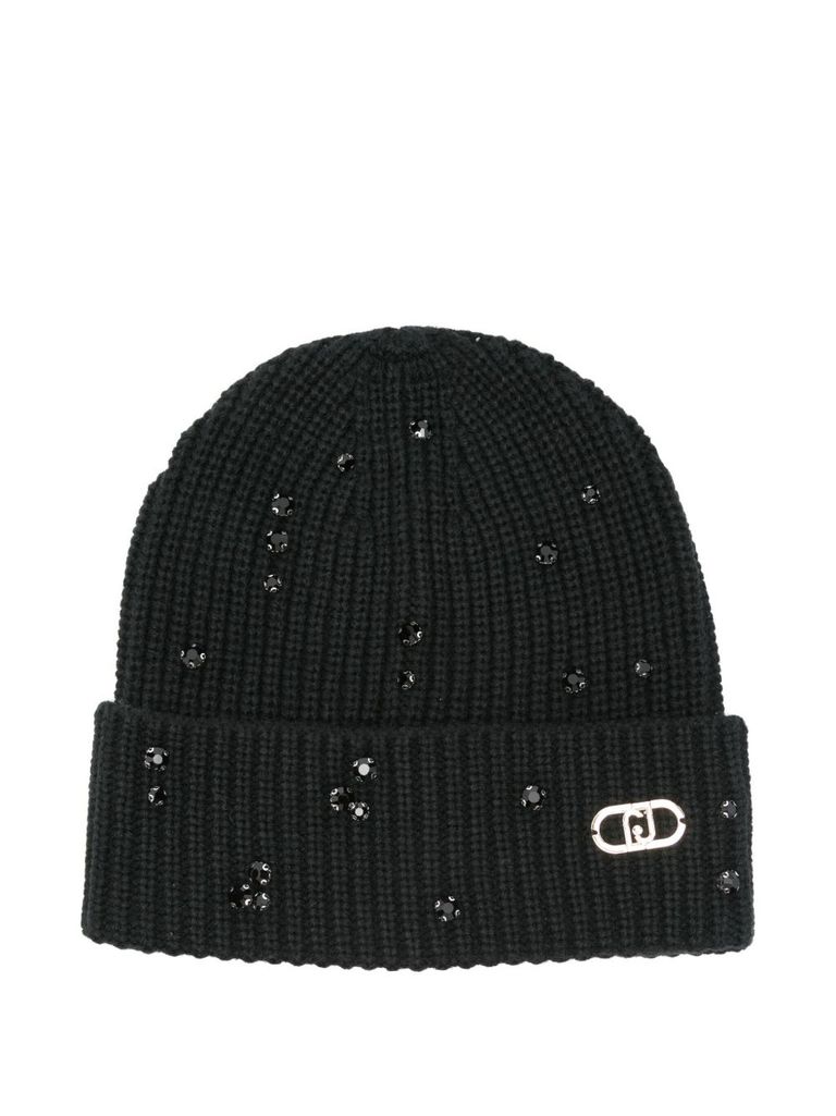 Liu •jo Crystal-embellished Ribbed Beanie In Black